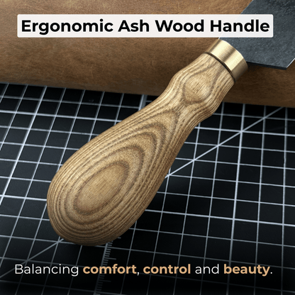 Angled Leather Skiving Knife with ash wood handle and sharp high-carbon steel blade
