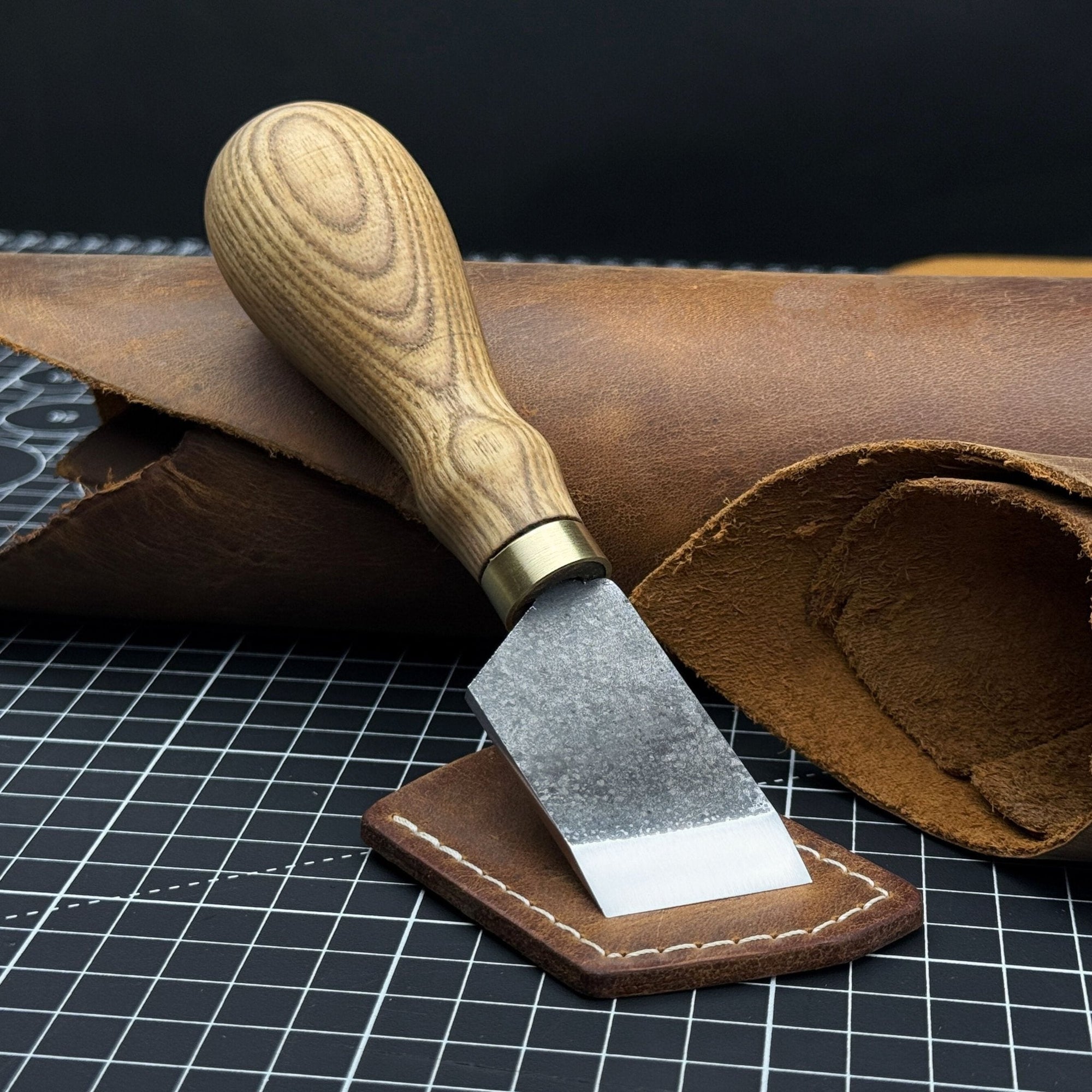 Angled Leather Skiving Knife with ash wood handle and sharp high-carbon steel blade