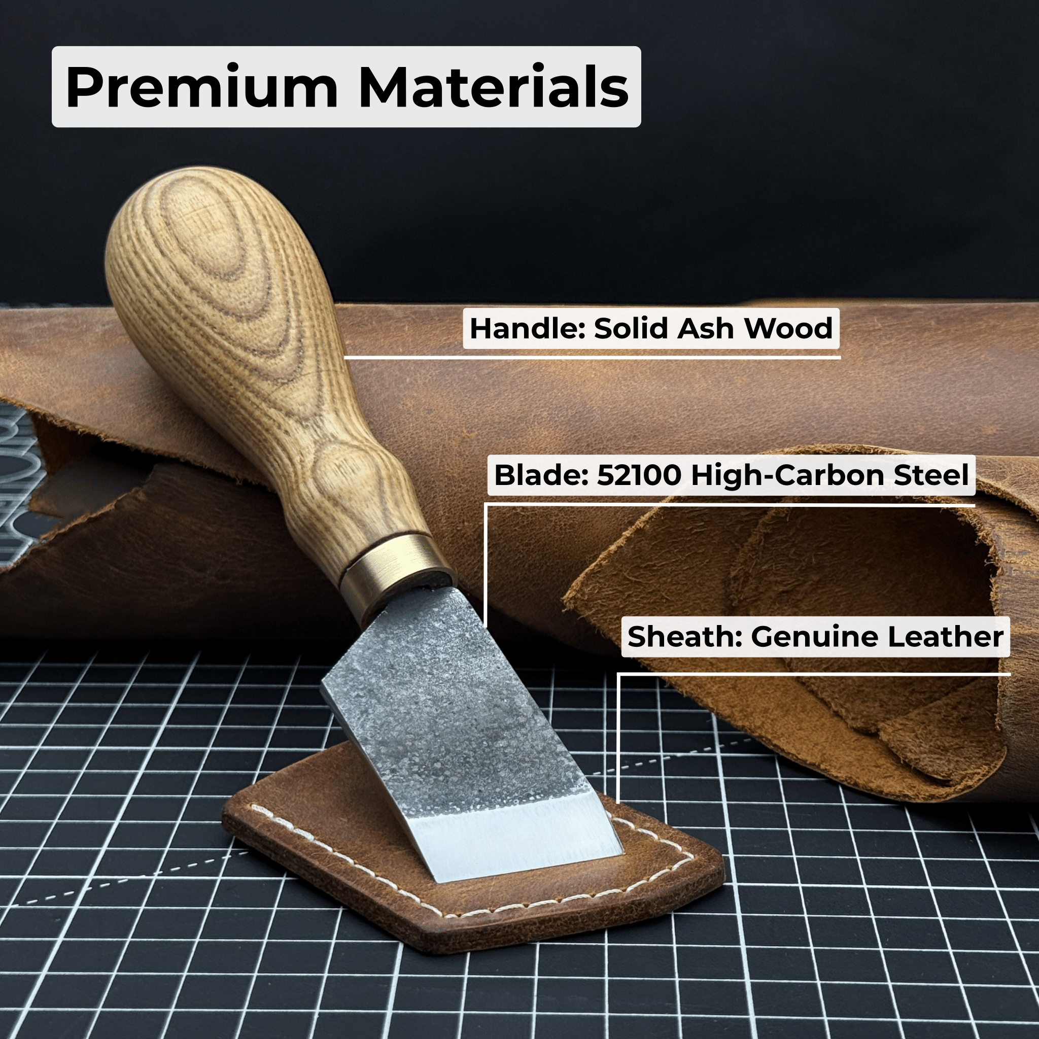 Angled Leather Skiving Knife with ash wood handle and sharp high-carbon steel blade
