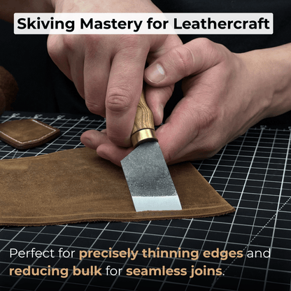 Angled Leather Skiving Knife with ash wood handle and sharp high-carbon steel blade