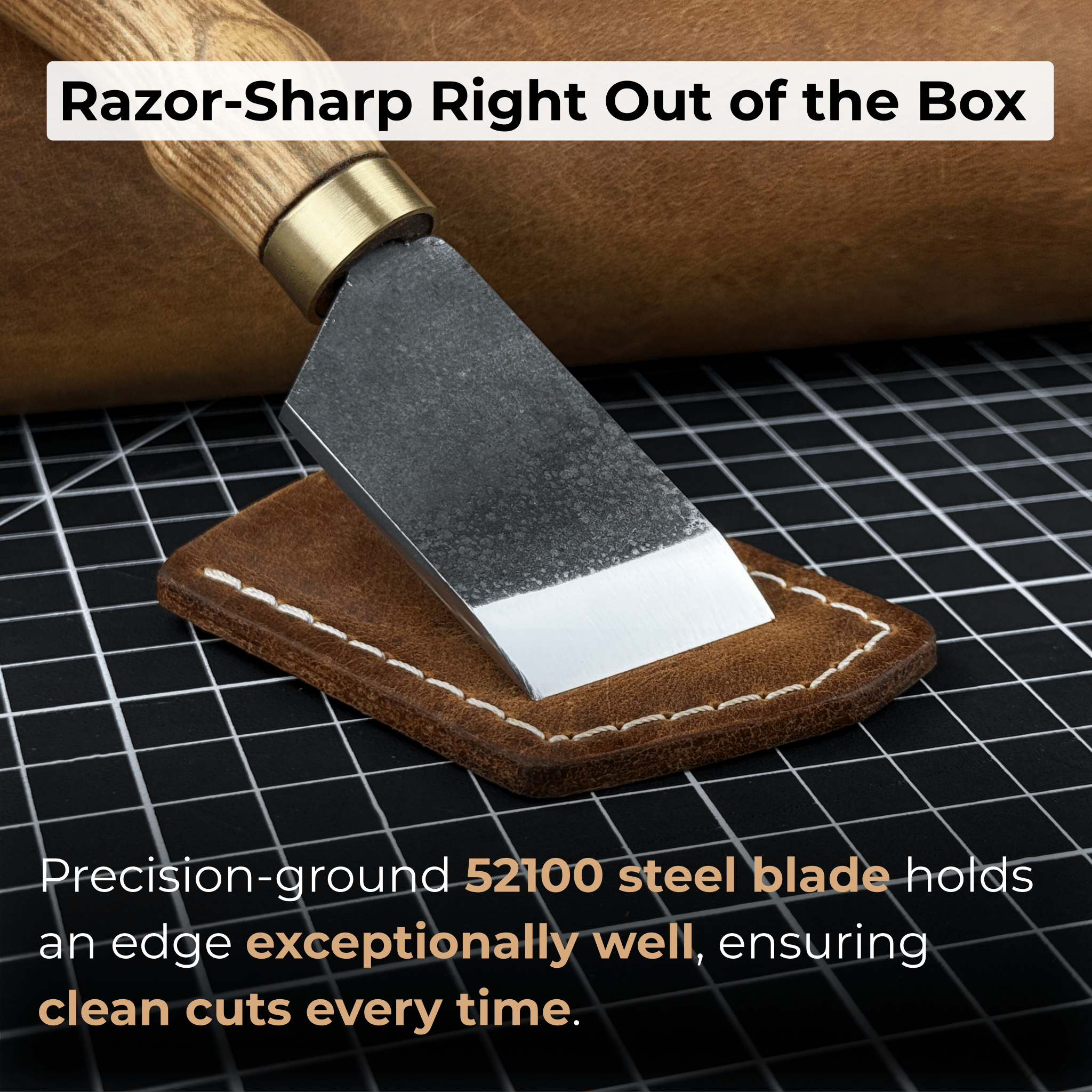 Angled Leather Skiving Knife with ash wood handle and sharp high-carbon steel blade