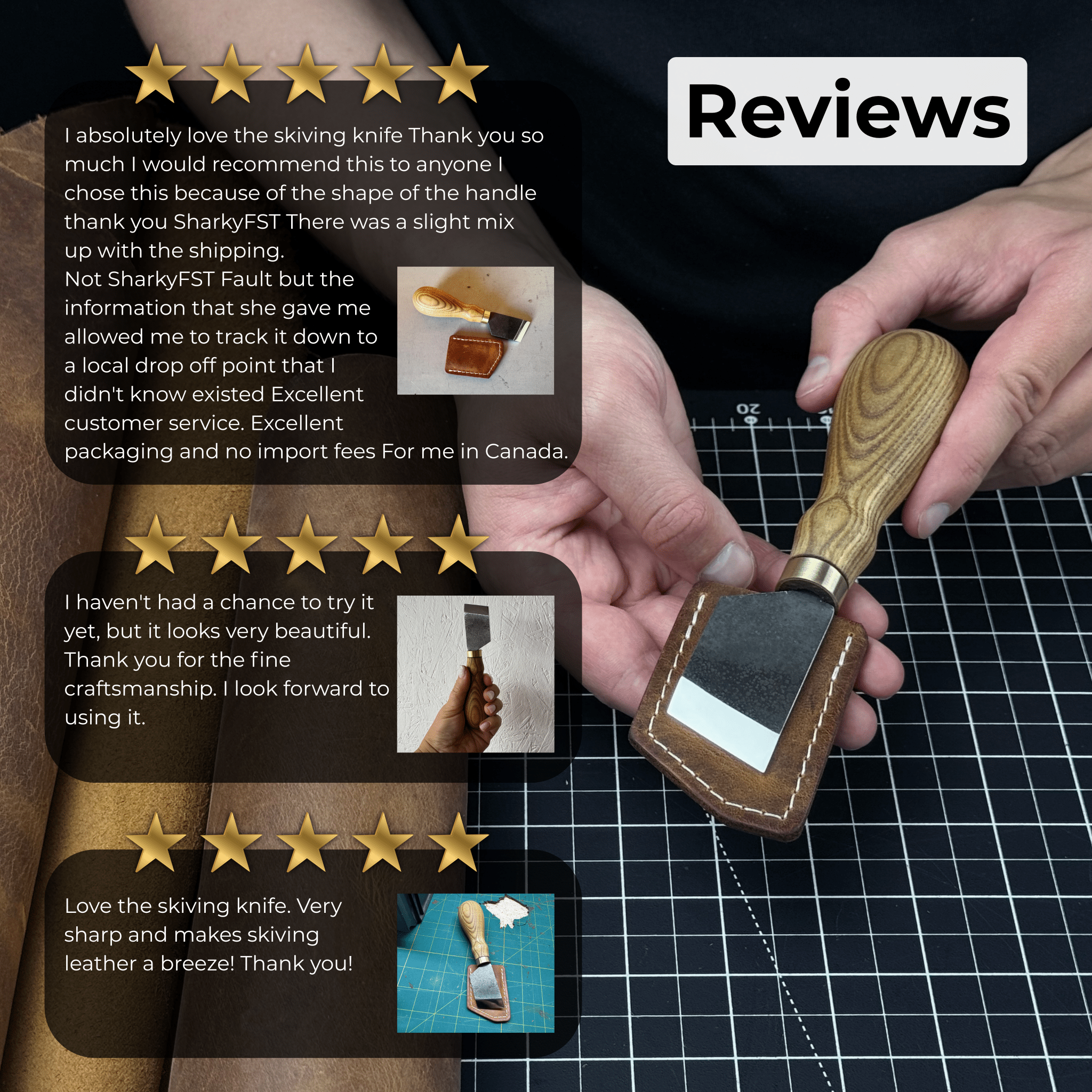 Angled Leather Skiving Knife with ash wood handle and sharp high-carbon steel blade