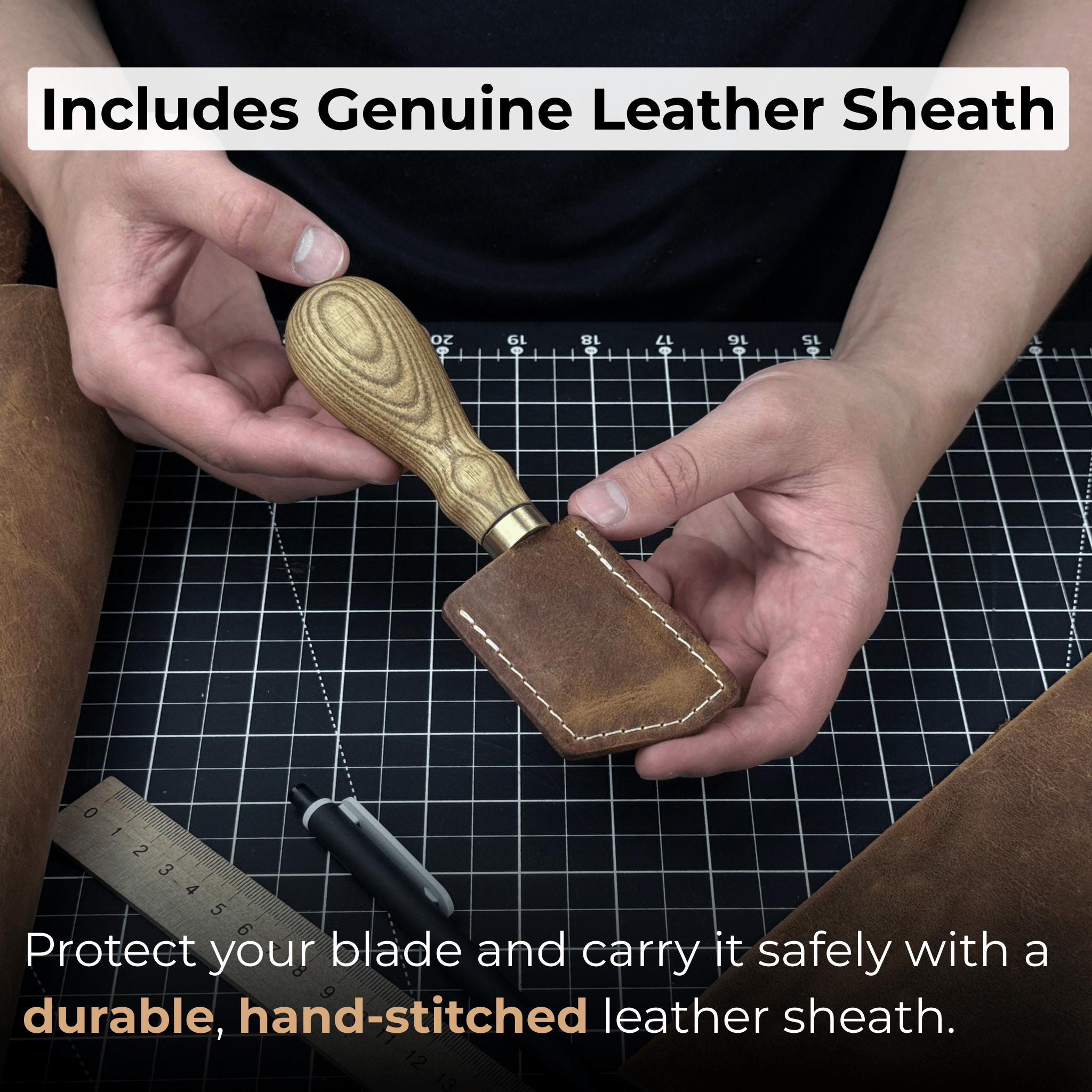 Angled Leather Skiving Knife with ash wood handle and sharp high-carbon steel blade
