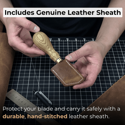 Angled Leather Skiving Knife with ash wood handle and sharp high-carbon steel blade