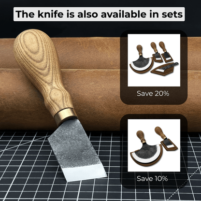 Angled Leather Skiving Knife with ash wood handle and sharp high-carbon steel blade