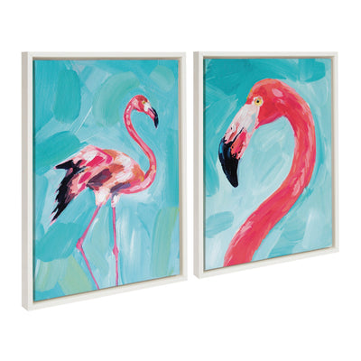 Framed floating canvas art set titled 'Sylvie Flamingo Study and Feathery Friend' by Rachel Christopoulos depicting a flamingo and bird illustrations.