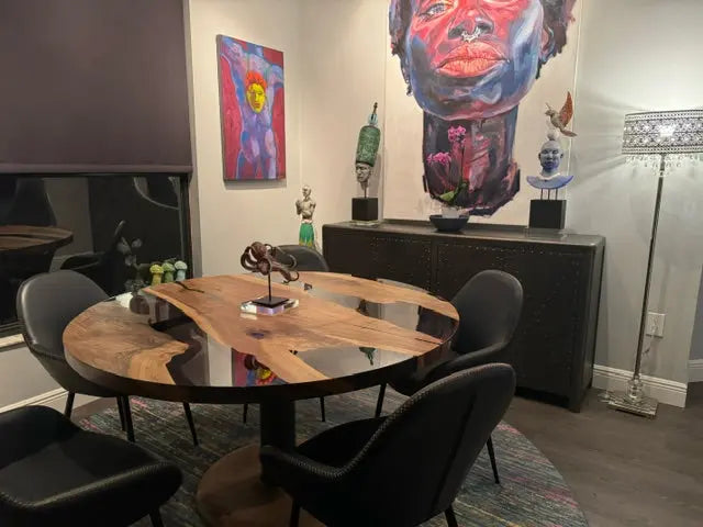 Custom round epoxy resin walnut dining table with wood and metal base