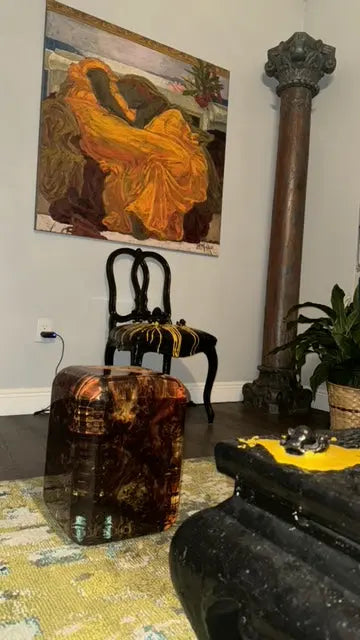 Custom round epoxy resin walnut dining table with wood and metal base