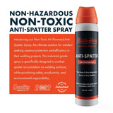 Gray and red aerosol can labeled Made Here Anti-Spatter spray with text emphasizing its non-toxic, non-hazardous formula for welding spatter protection