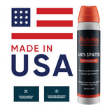 Red, white, and blue Made Here Anti-Spatter spray can with orange cap beside stylized American flag and bold 'Made in USA' text.
