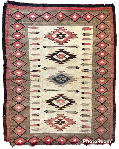 Antique 1880’s Navajo Rug 4’ x 5’ showing neutral tone dyes and hand-knotted texture