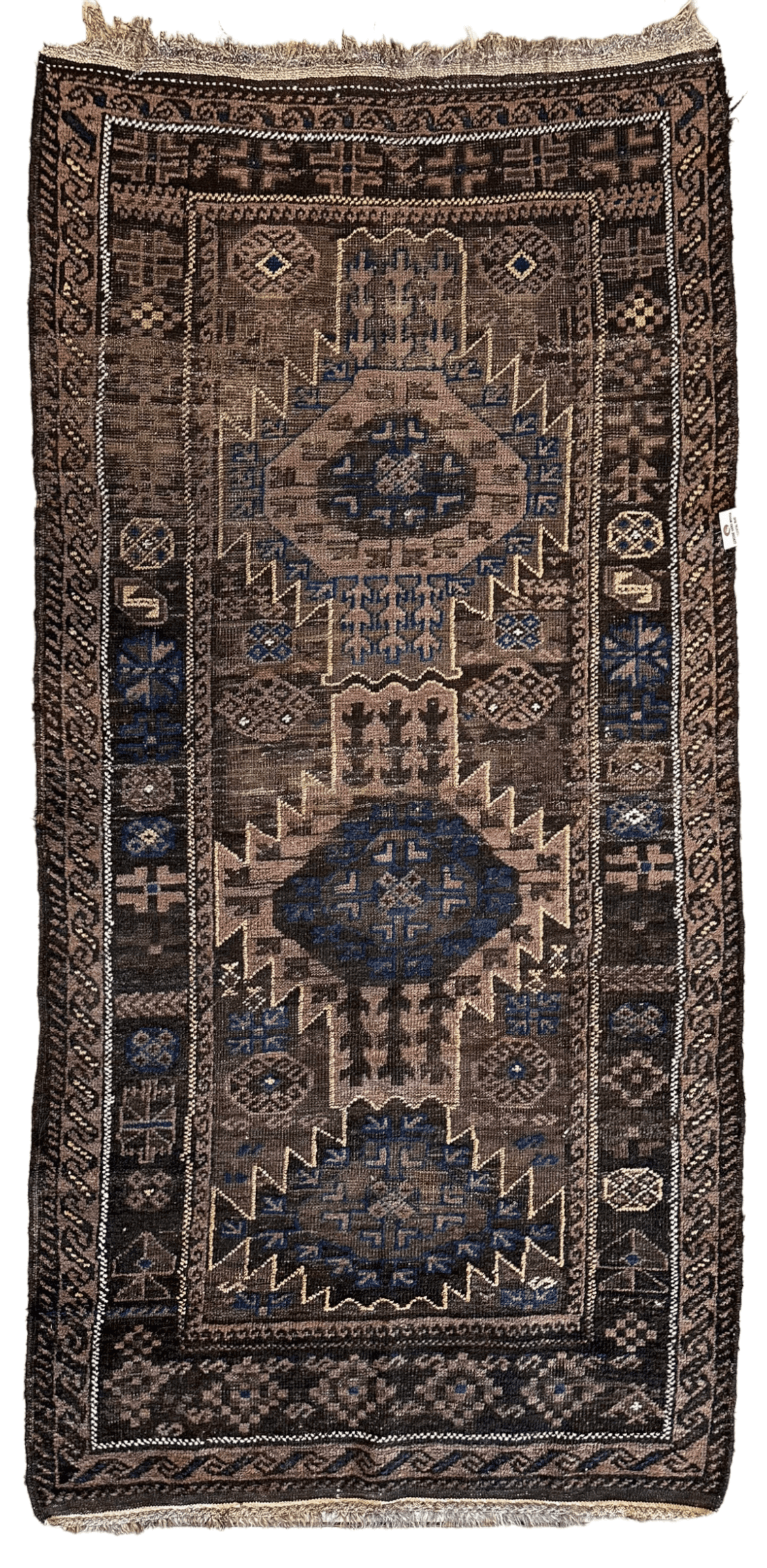 Antique 1880s Baluch wool rug with multicolored geometric patterns, rectangular shape, approx.
3x6 feet