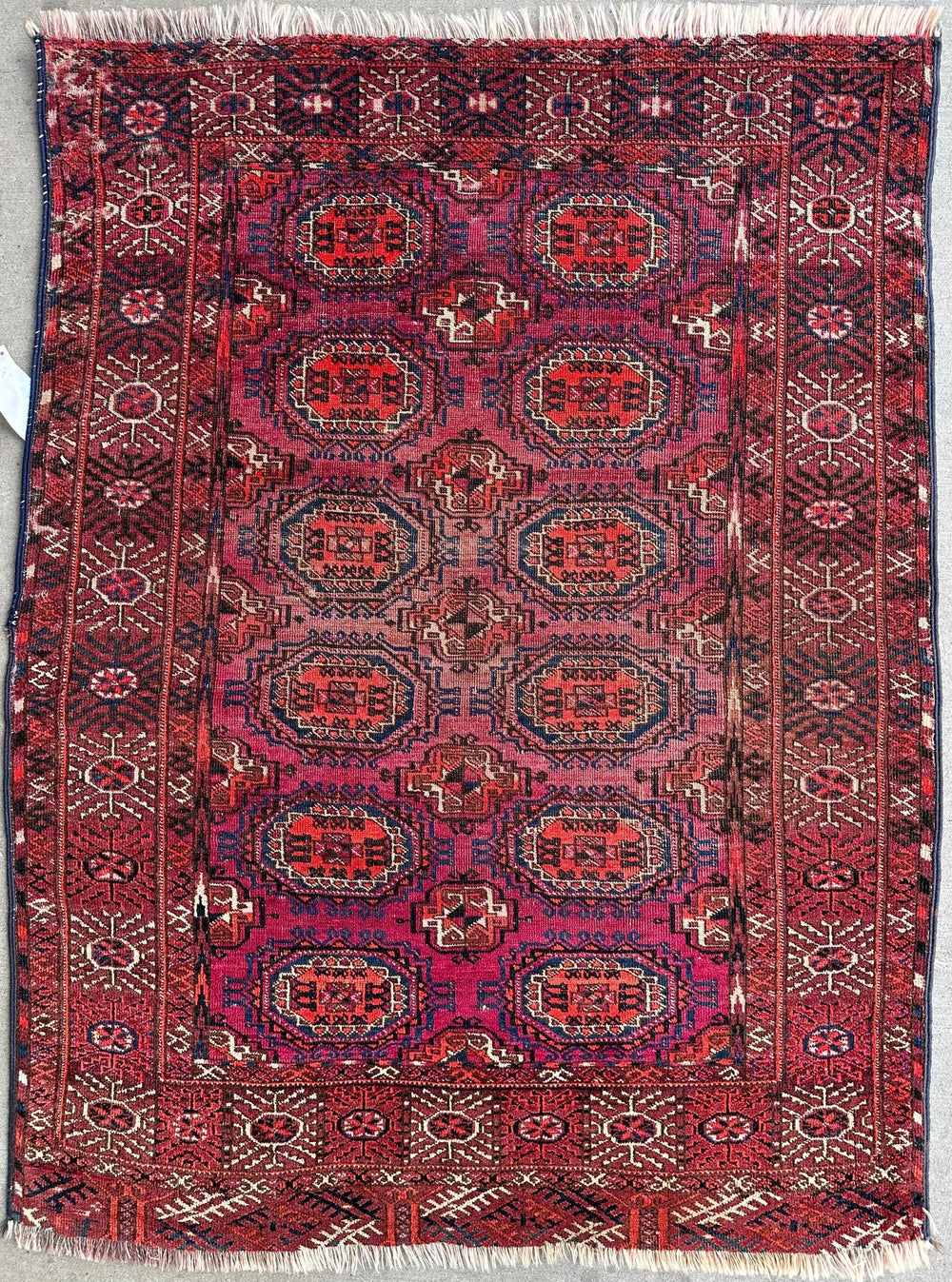 Antique 1910’s Tribal Turkoman Rug 3’ x 4’1” showing detailed tribal pattern and wear