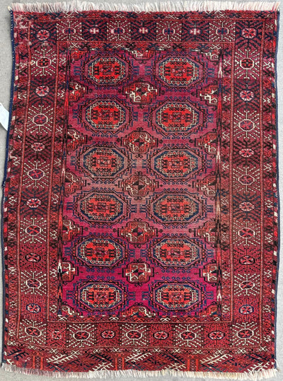 Antique 1910’s Tribal Turkoman Rug 3’ x 4’1” showing detailed tribal pattern and wear
