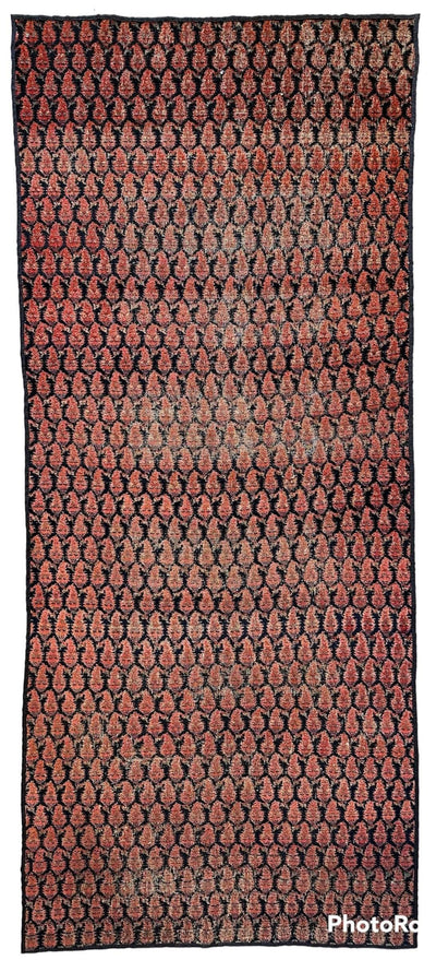 Antique Kurdish Afshar runner rug with all-over paisley pattern in muted red and blue tones on wool, measuring 3’3” x 7’7”