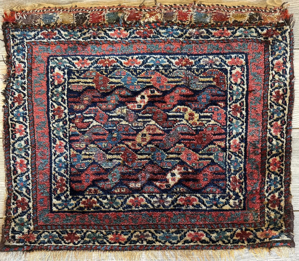 Antique small Kurdish square decorative hanging rug 22x24 featuring natural dyes and intricate patterns
