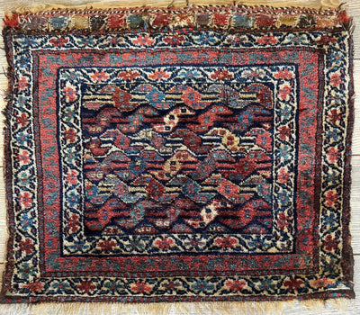 Antique small Kurdish square decorative hanging rug 22x24 featuring natural dyes and intricate patterns