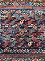 Small square Kurdish rug featuring rows of stylized birds in red, blue, and cream on a dark background with intricate floral border in reds and blues.