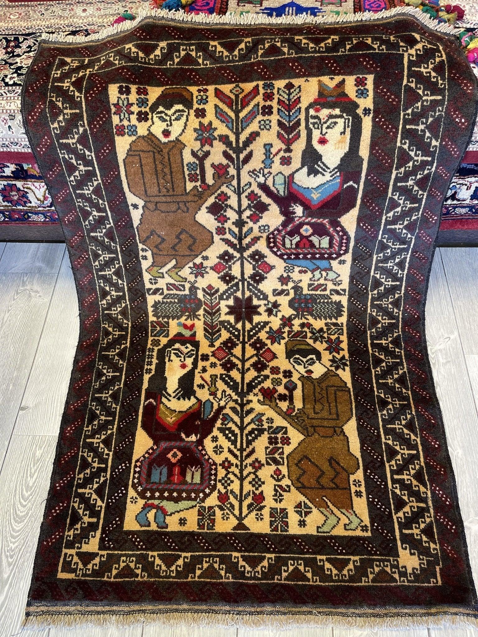 Antique rectangular multicolored wool rug with pictorial tribal design showing Laili Majnun story