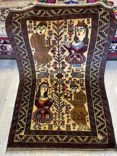 Antique rectangular multicolored wool rug with pictorial tribal design showing Laili Majnun story