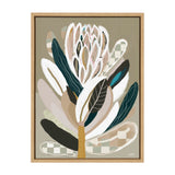 Stylized protea flower with layered abstract petals in white, beige, dark green, and checkered patterns on a muted sage background, framed in light wood.