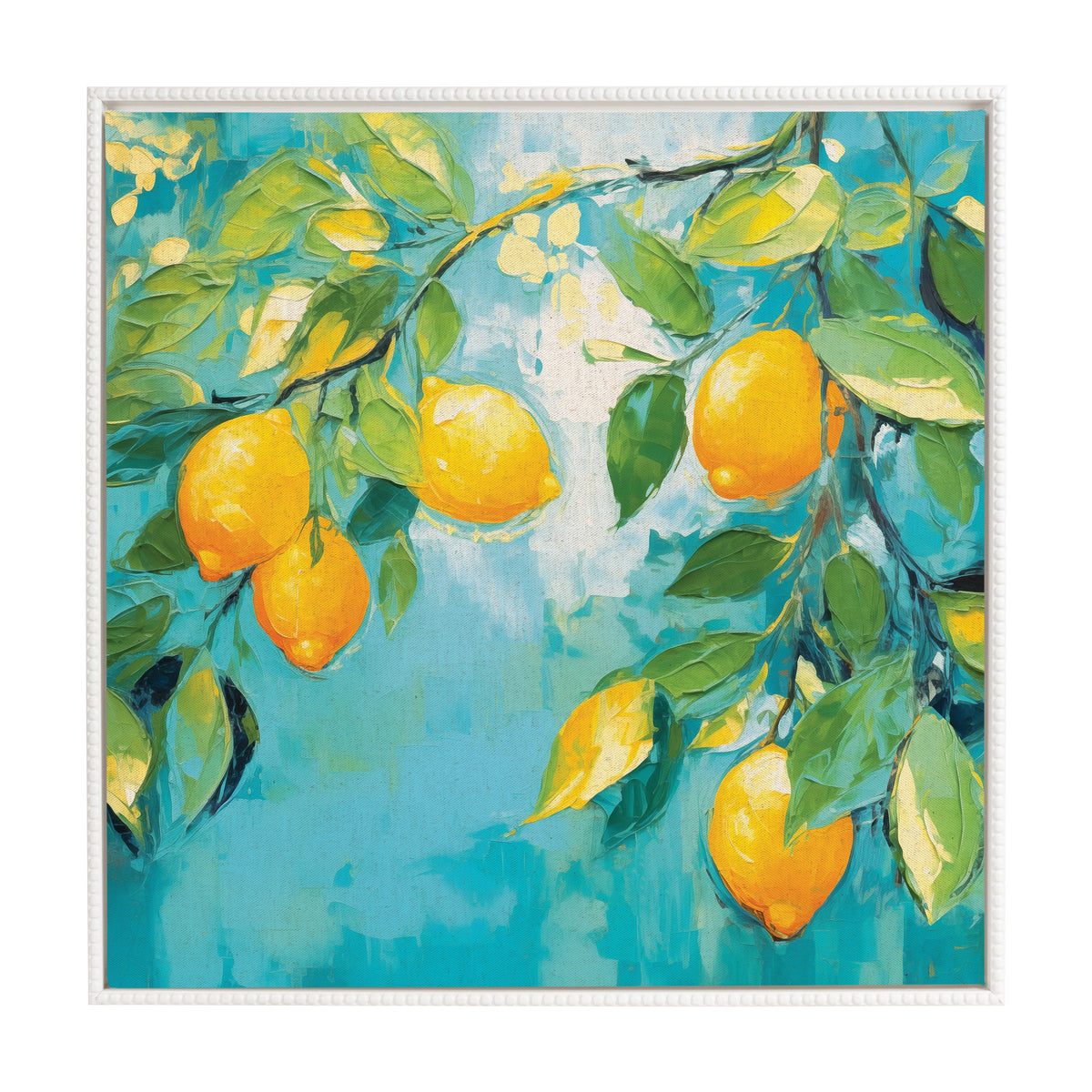Painting of a lemon tree branch with clusters of bright yellow lemons and green leaves against a textured turquoise background in a white frame.