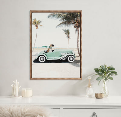 Sylvie Beaded Leopard in Car Beach Palms Framed Canvas by July Art Prints