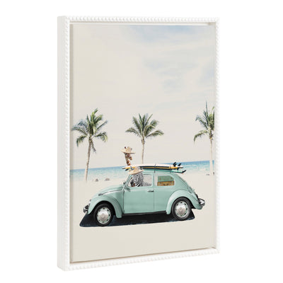 Sylvie Beaded Summer Adventures framed canvas art showing vibrant zoo animals at the beach with a white vintage beaded frame