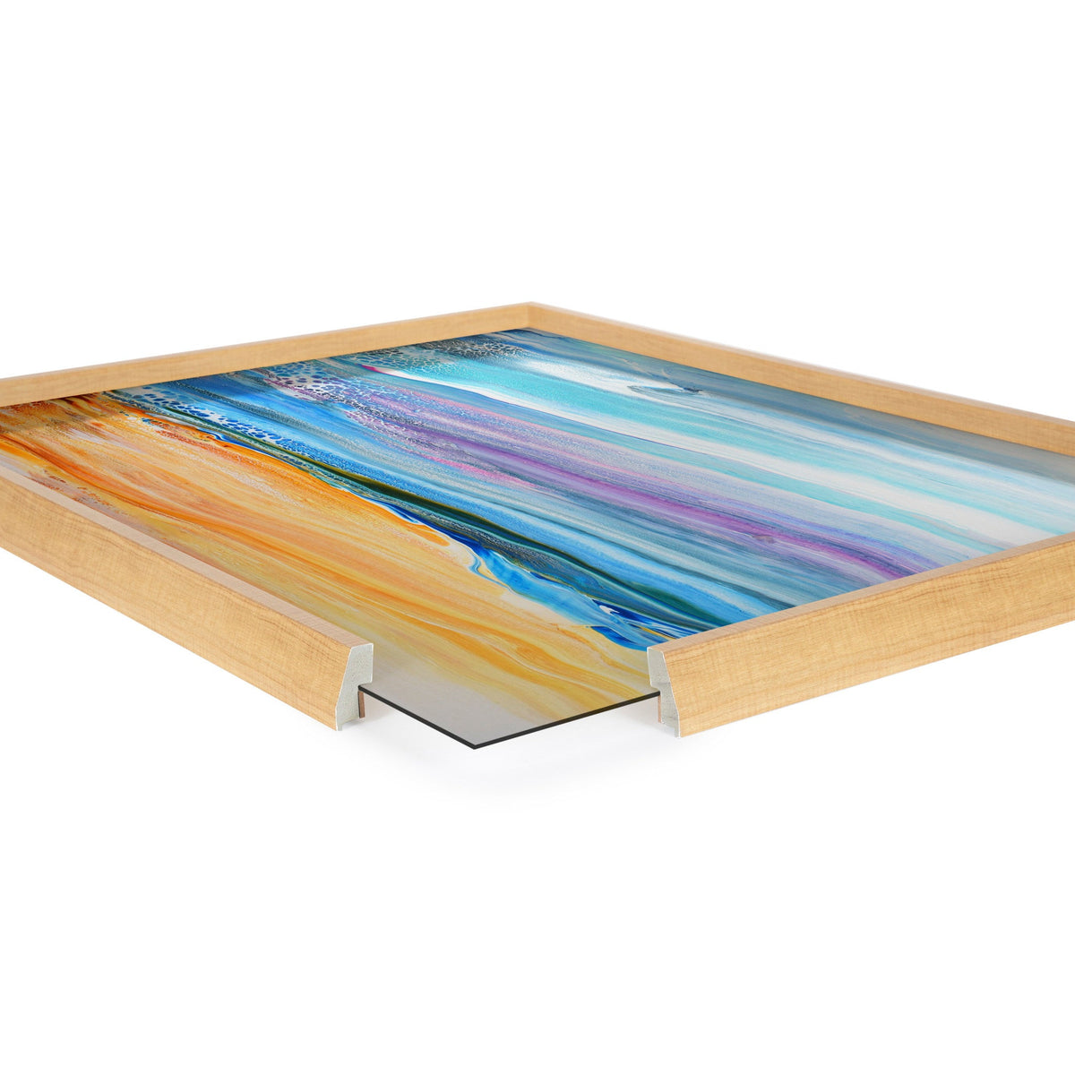 Framed abstract art print with horizontal bands of orange, blue, and purple in a light wood frame with glass overlay, shown close-up with frame corners visible.