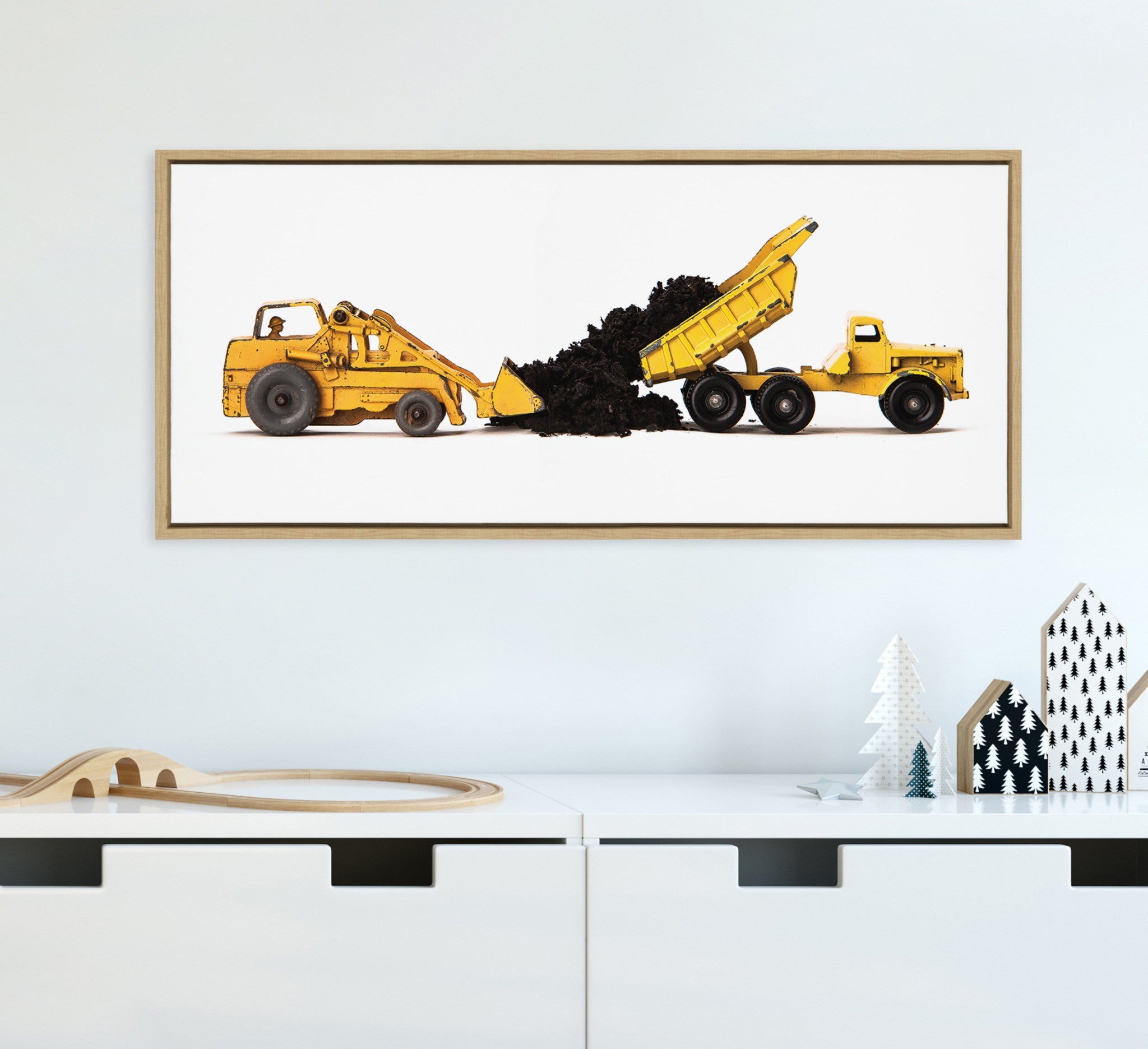 Sylvie Vintage Toy Construction Vehicles Yellow Framed Canvas by Saint and Sailor Studios