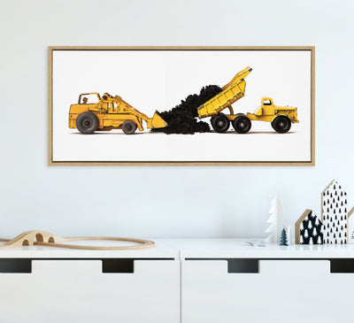 Sylvie Vintage Toy Construction Vehicles Yellow Framed Canvas by Saint and Sailor Studios