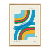 Abstract geometric shapes in blue, yellow, red, and green layered on a cream canvas within a light wood frame, signed by artist Vittoria.