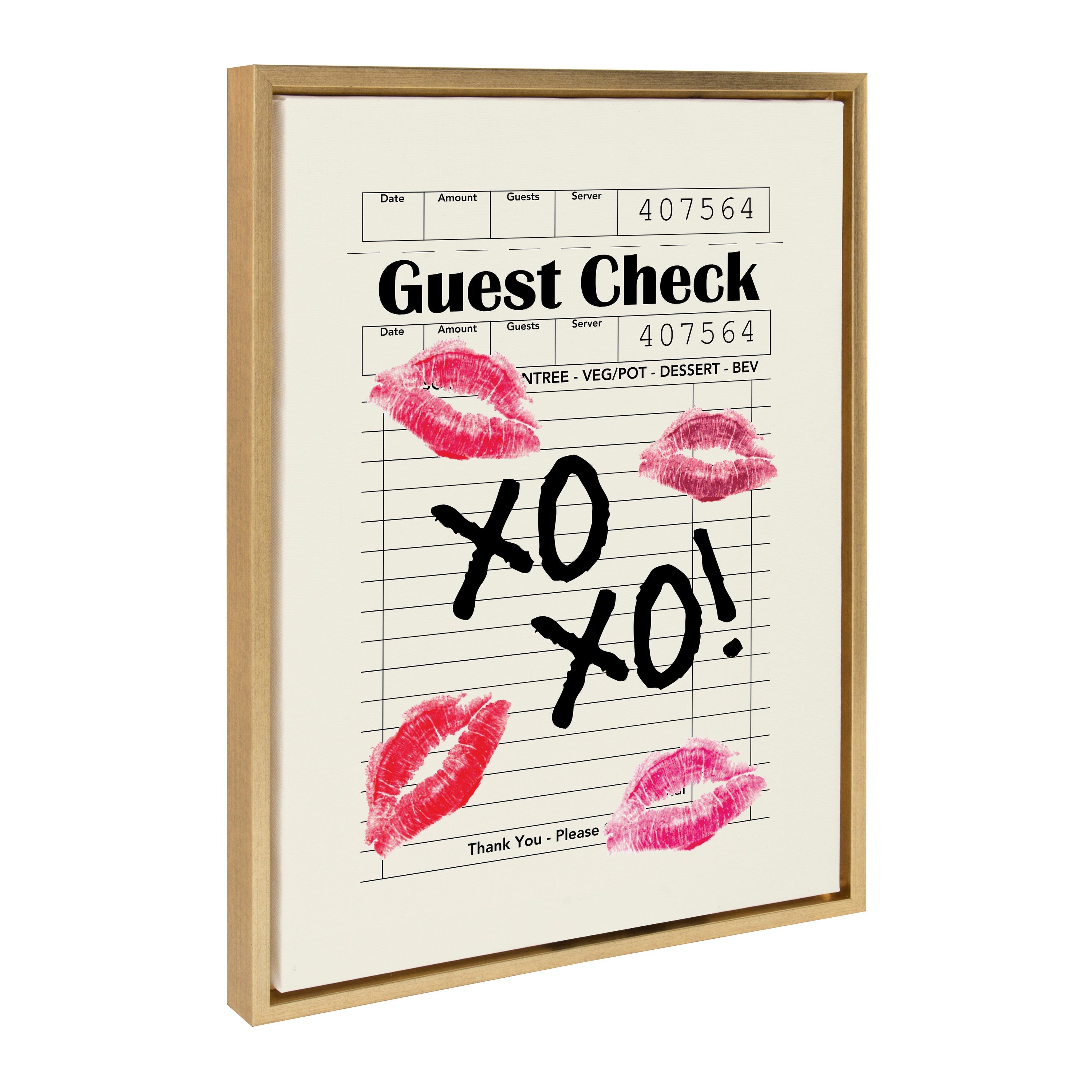 Sylvie XOXO Kisses Guest Check Framed Canvas featuring kiss marks and gold writing