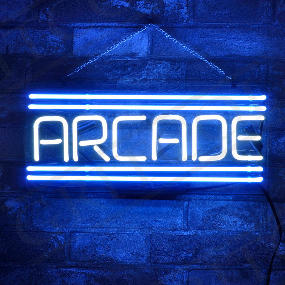 Arcade Neon Signs Light glowing in vibrant white and blue hues
