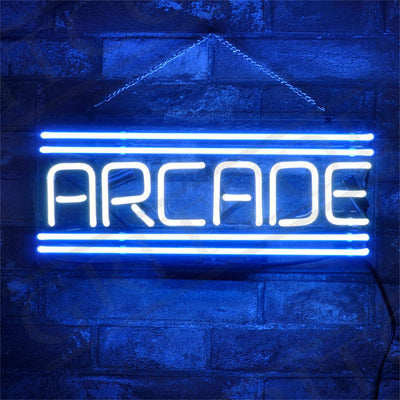 Arcade Neon Signs Light glowing in vibrant white and blue hues
