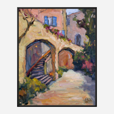 Impressionistic painting of sunlit Mediterranean arches with stone stairs, warm peach walls, blue shutters, and colorful foliage along a bright pathway.