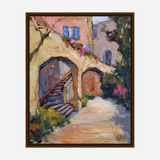 Impressionistic painting of sunlit stone arches with stairs beneath, flanked by pastel buildings and vibrant greenery in warm tones.