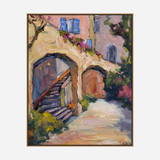 Impressionist painting of stone arches and steps bathed in warm sunlight, with pink and green foliage accents beside a path under the arches.