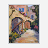 Impressionist painting of sunlit arches with a stone staircase, warm peach walls, blooming greenery, and shadows creating depth in an outdoor scene.