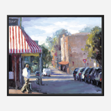 Impressionistic painting of a quiet street corner with a red and white striped awning, a pedestrian crossing, and parked cars along a sunlit road.