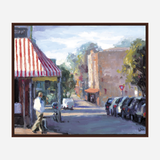 Impressionistic street scene with striped red and white awning, parked cars, and a pedestrian walking along a sunny urban sidewalk under a partly cloudy sky.