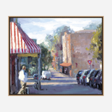 Impressionist-style street scene with a man in white near a red and white striped awning, parked cars along the right side, and light trees in the background.