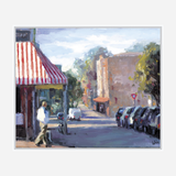 Impressionist-style urban street scene with a man walking near a red-and-white striped awning, parked cars along the right side, and sunlit buildings in the background.