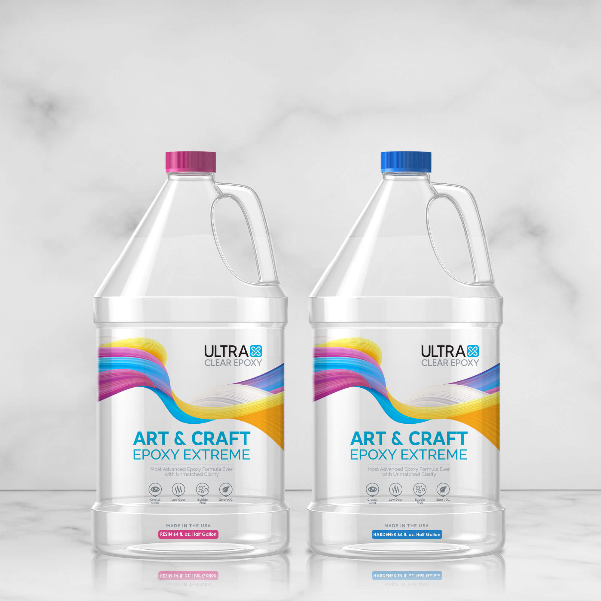 Two bottles of Ultra Clear Epoxy Art & Craft Epoxy Extreme on a light gray background