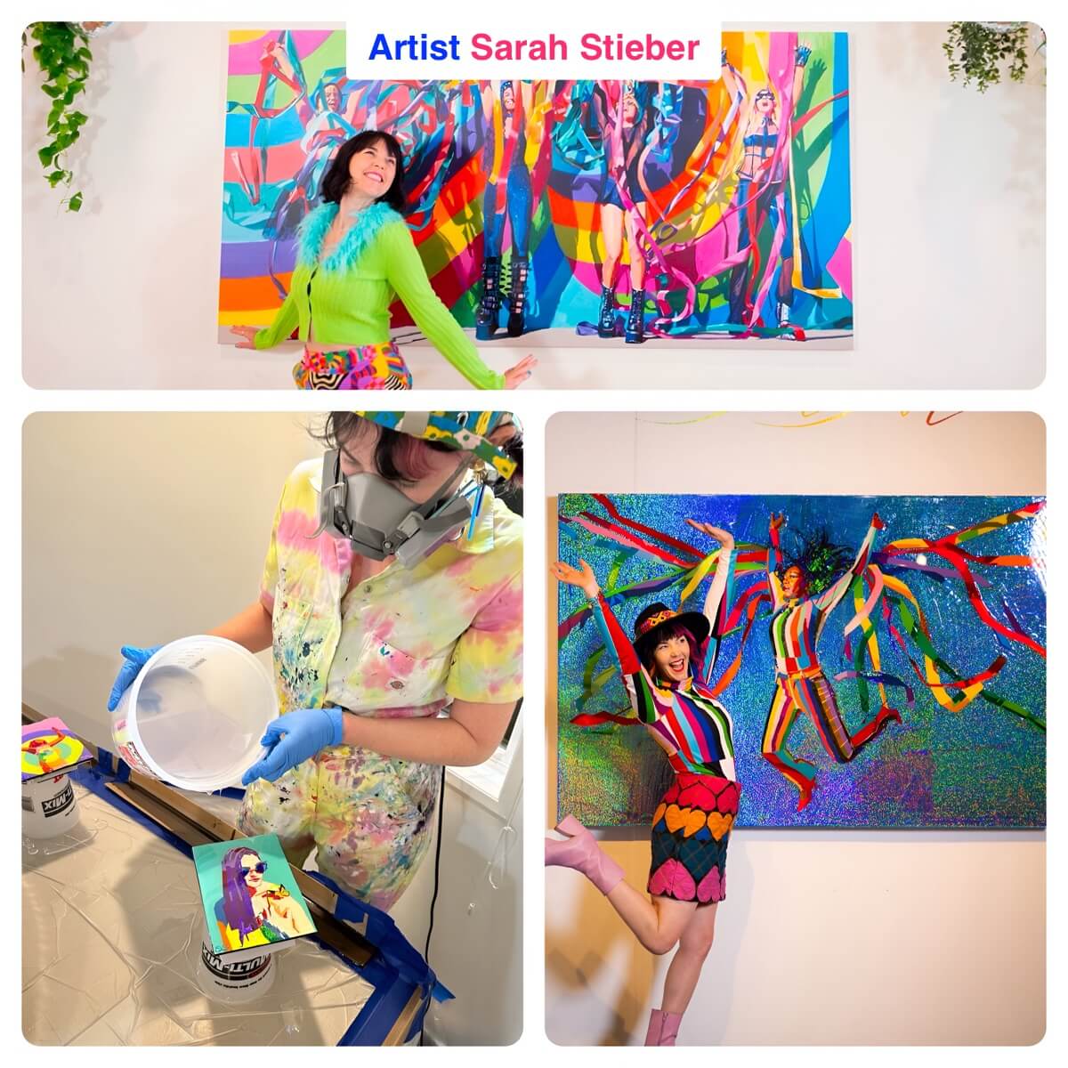 Collage of artist Sarah Stieber with her colorful artwork featuring a dancer.