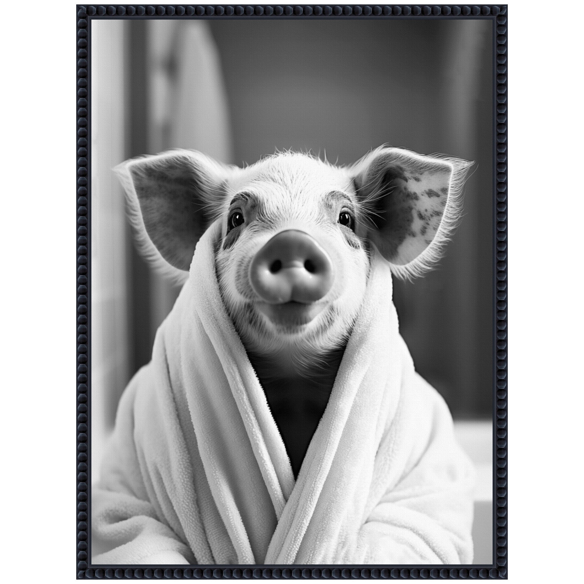 Sylvie Pig Bathroom Art Towel Robe Black and White Framed Canvas
