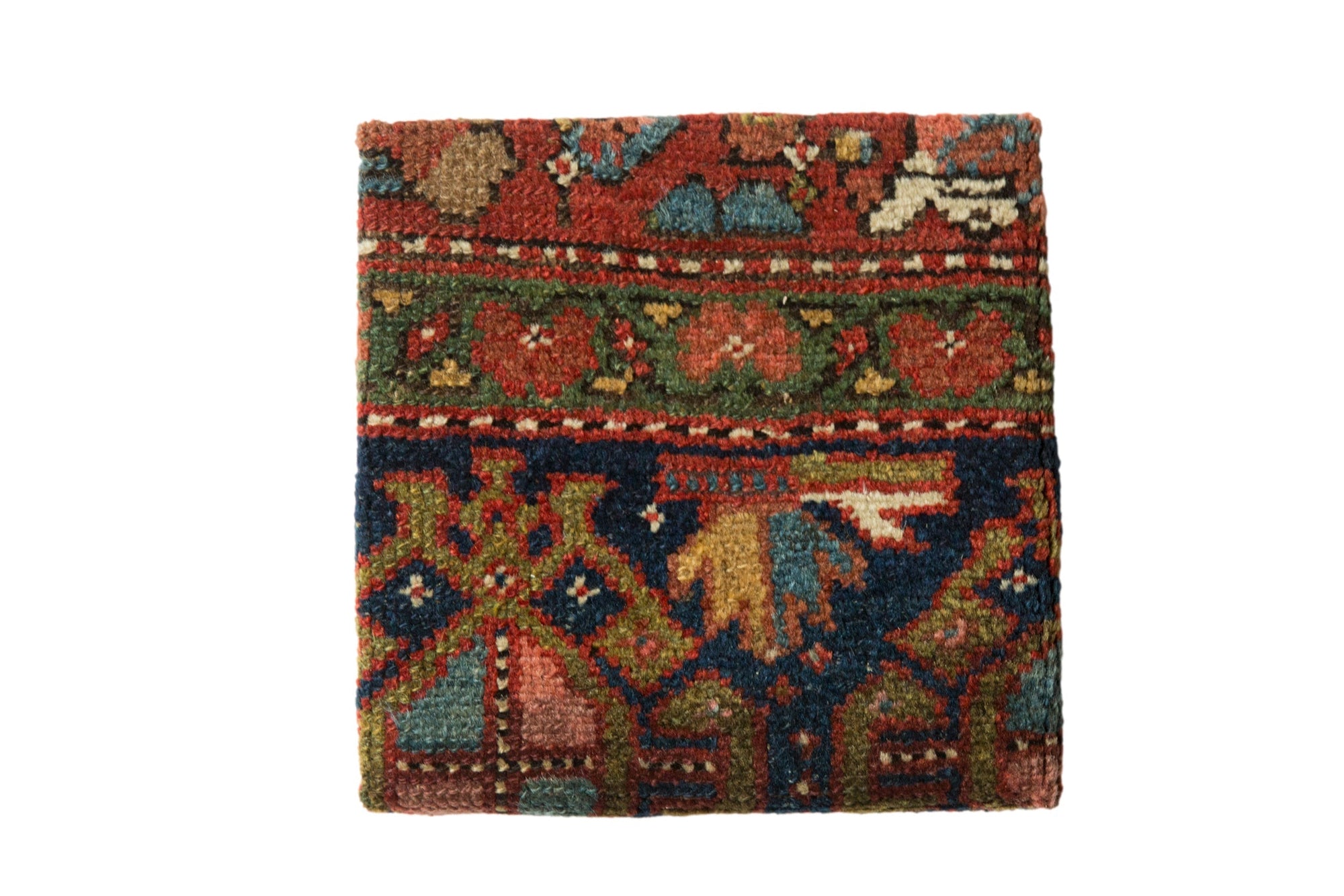 Decorative Kurdish Hamadan Rug Art showing antique rug fragment stretched on a wooden frame