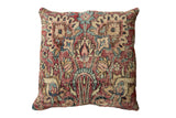 Vintage Meshed Rug Fragment Pillow displaying red, ivory, sky blue, burgundy, and powder blue border pattern