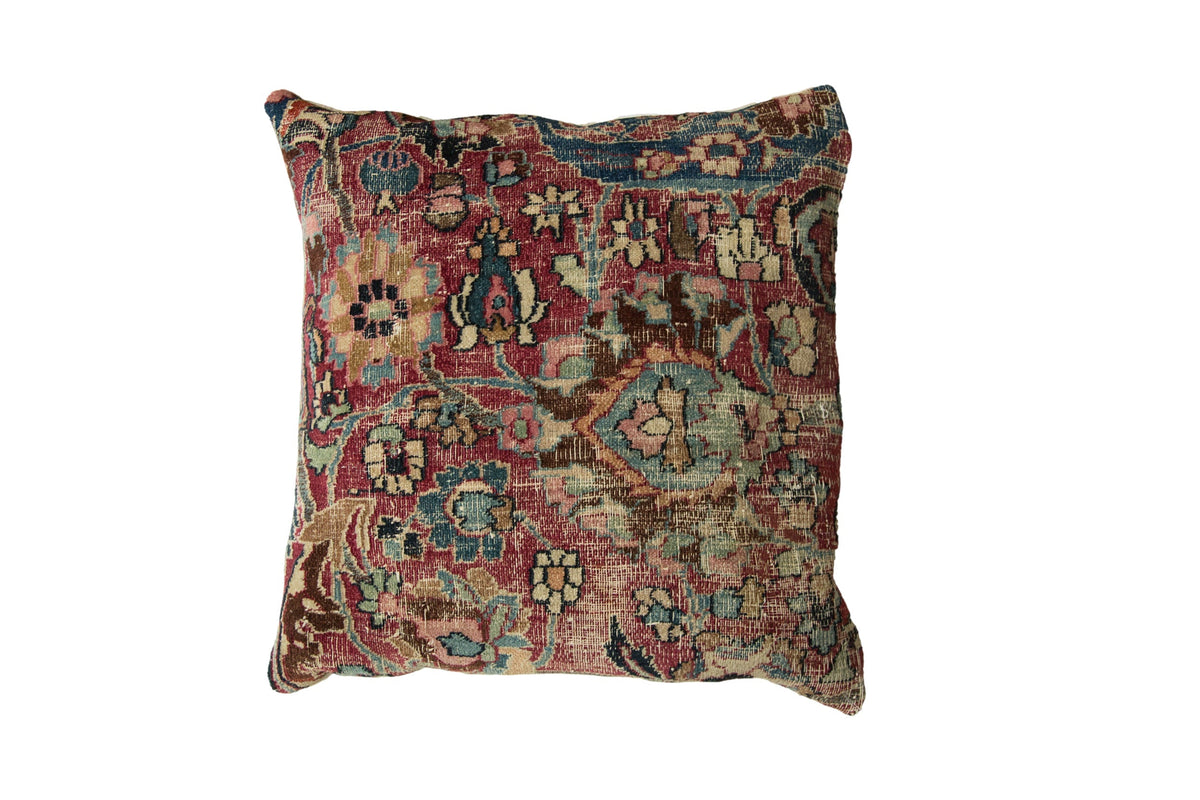 RESERVED Vintage Meshed Rug Fragment Pillow showing textured vintage rug fabric with wear and fade on neutral background