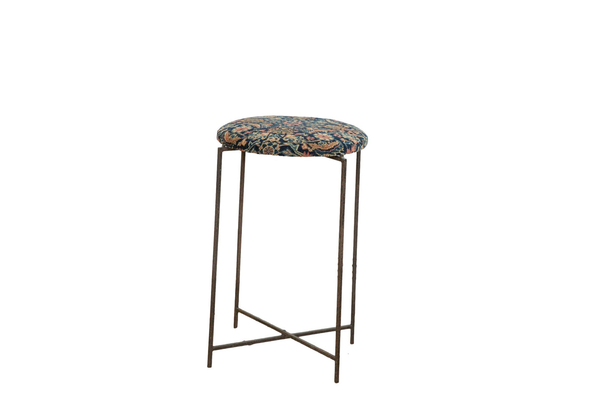 Reclaimed Antique Rug Fragment Side Table Stand with navy Persian rug fragment top and folding metal base